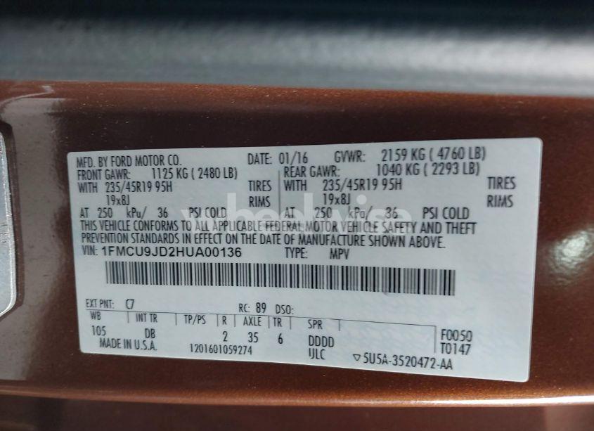 Photo 9 of 2017 Ford Escape TITANIUM (VIN 1FMCU9JD2HUA00136)