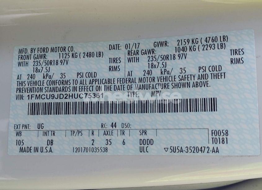 Photo 9 of 2017 Ford Escape TITANIUM (VIN 1FMCU9JD2HUC75361)