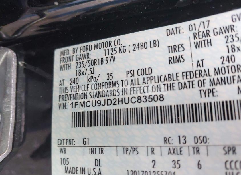 Photo 9 of 2017 Ford Escape TITANIUM (VIN 1FMCU9JD2HUC83508)