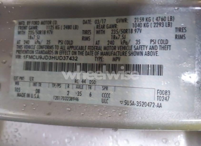 Photo 9 of 2017 Ford Escape TITANIUM (VIN 1FMCU9JD3HUD37432)