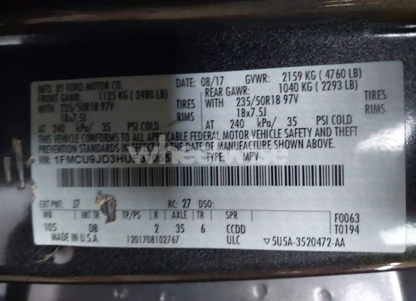 Photo 9 of 2017 Ford Escape TITANIUM (VIN 1FMCU9JD3HUE87055)