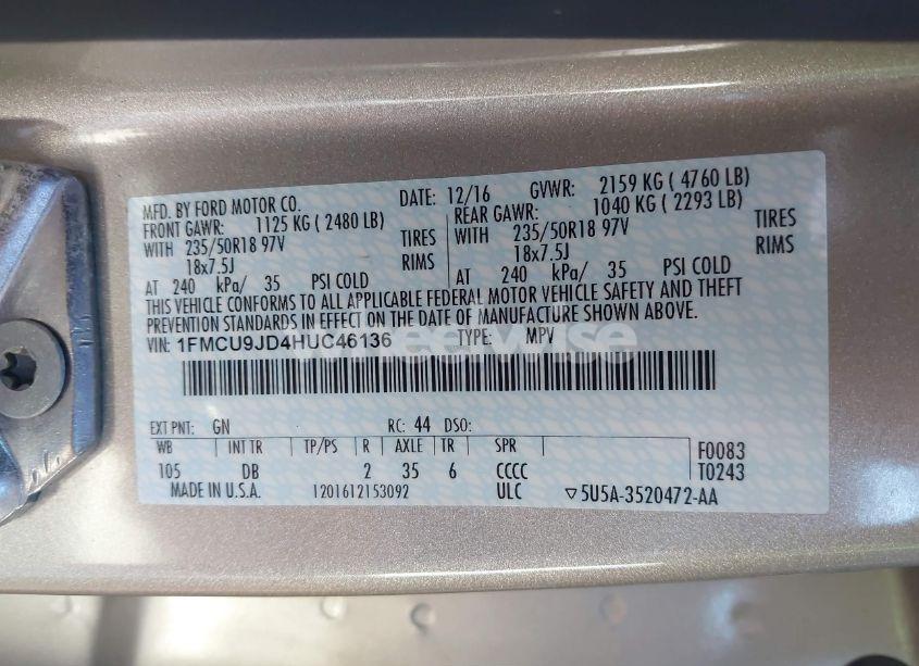 Photo 9 of 2017 Ford Escape TITANIUM (VIN 1FMCU9JD4HUC46136)