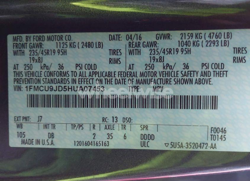 Photo 9 of 2017 Ford Escape TITANIUM (VIN 1FMCU9JD5HUA07453)