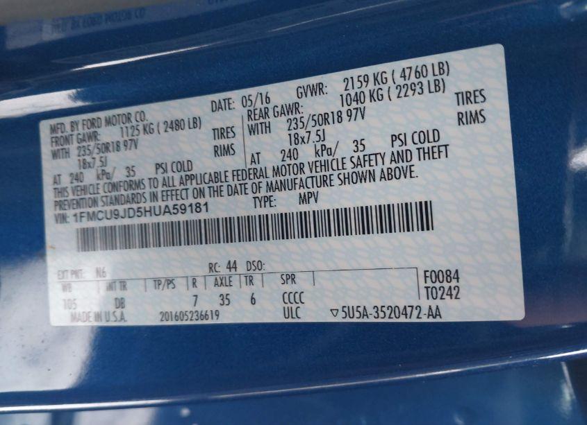 Photo 9 of 2017 Ford Escape TITANIUM (VIN 1FMCU9JD5HUA59181)