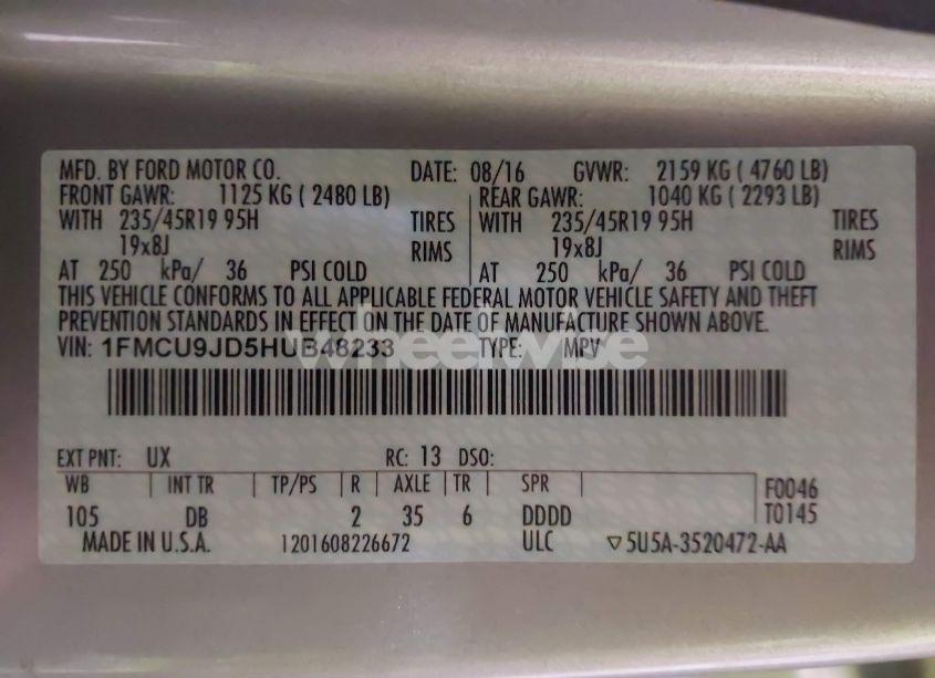 Photo 9 of 2017 Ford Escape TITANIUM (VIN 1FMCU9JD5HUB48233)