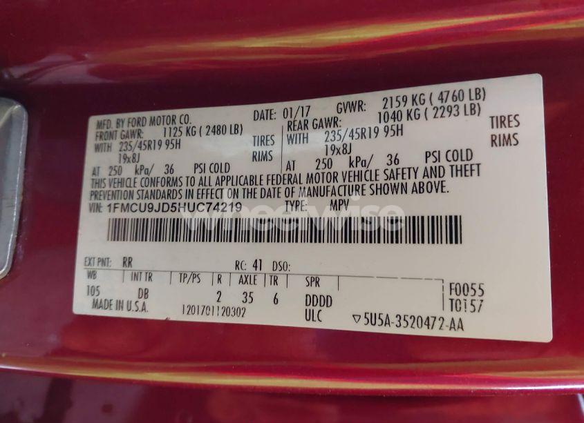 Photo 9 of 2017 Ford Escape TITANIUM (VIN 1FMCU9JD5HUC74219)