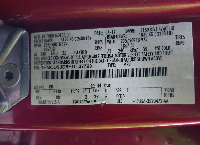 Photo 9 of 2017 Ford Escape TITANIUM (VIN 1FMCU9JD5HUE67793)