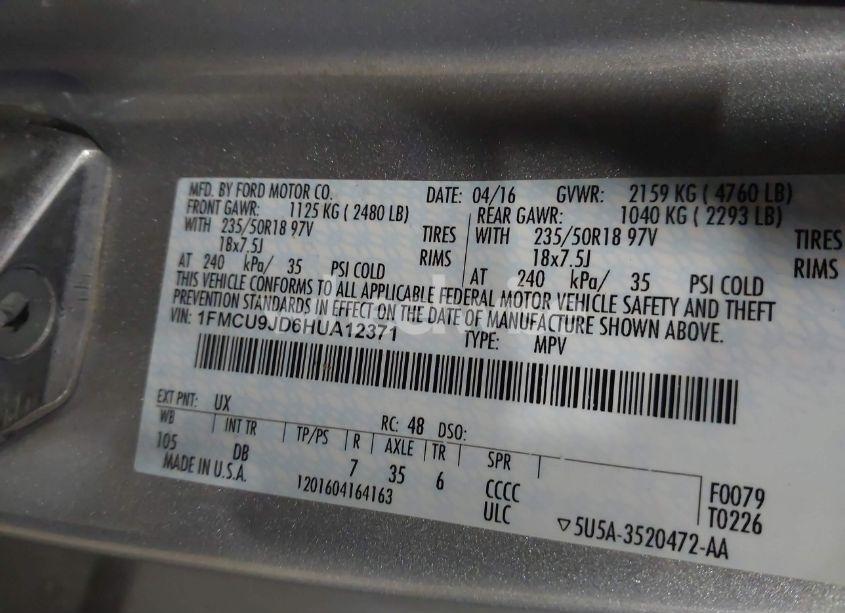 Photo 9 of 2017 Ford Escape TITANIUM (VIN 1FMCU9JD6HUA12371)