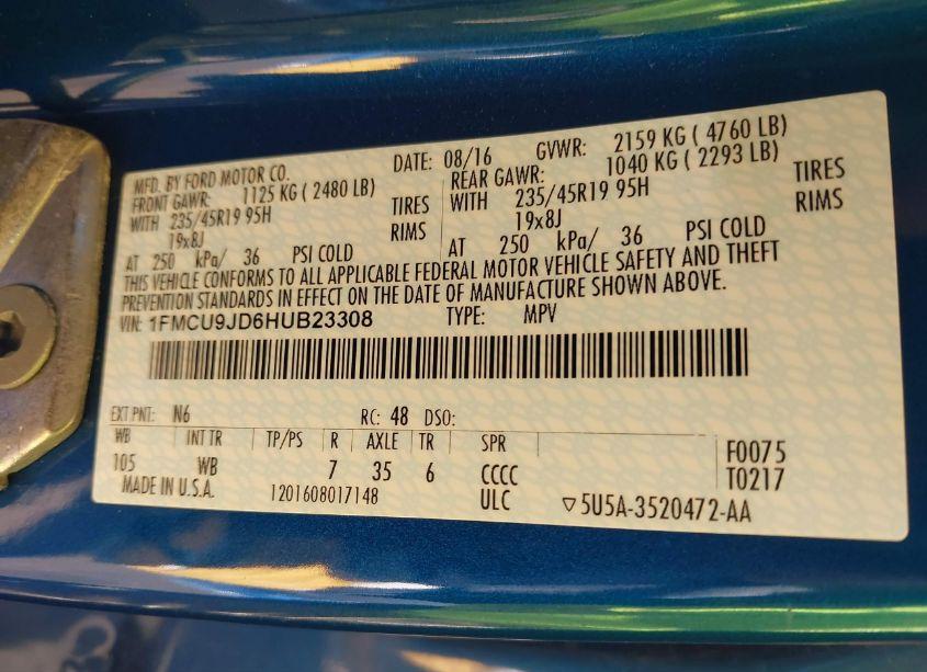 Photo 9 of 2017 Ford Escape TITANIUM (VIN 1FMCU9JD6HUB23308)