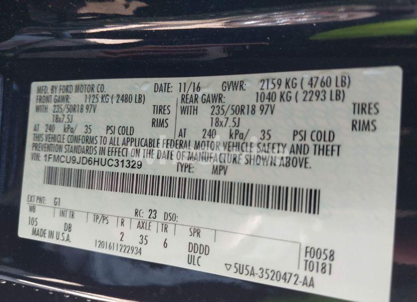 Photo 9 of 2017 Ford Escape TITANIUM (VIN 1FMCU9JD6HUC31329)