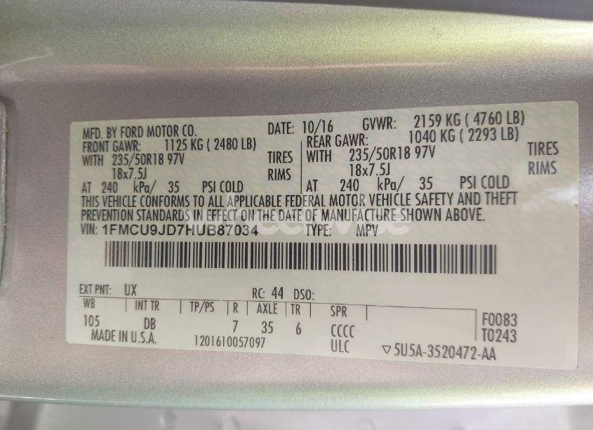 Photo 9 of 2017 Ford Escape TITANIUM (VIN 1FMCU9JD7HUB87034)