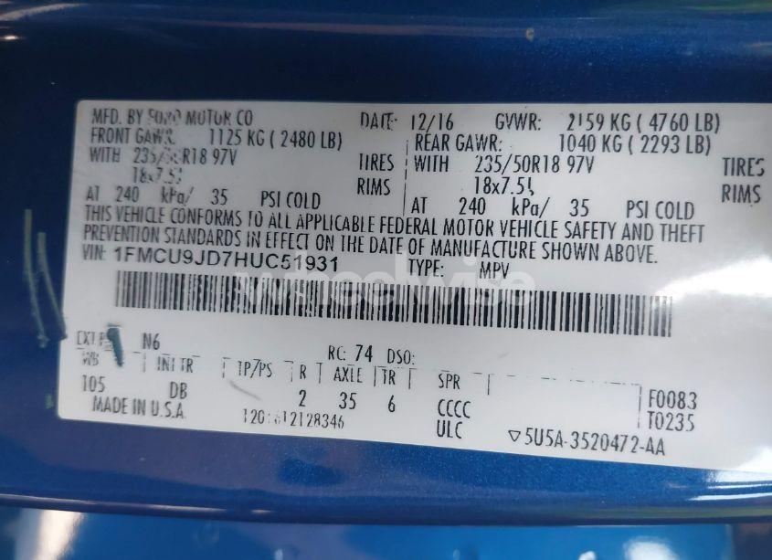 Photo 9 of 2017 Ford Escape TITANIUM (VIN 1FMCU9JD7HUC51931)