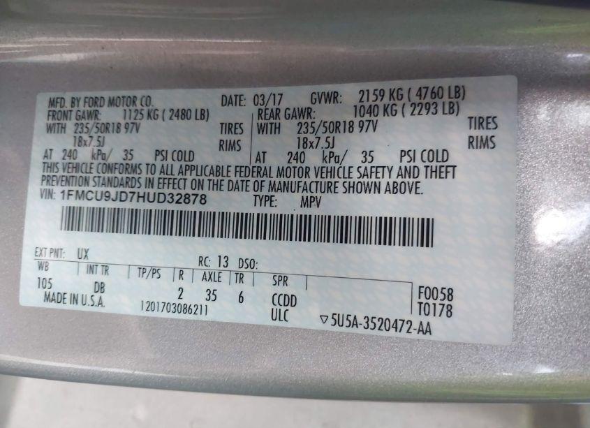 Photo 9 of 2017 Ford Escape TITANIUM (VIN 1FMCU9JD7HUD32878)