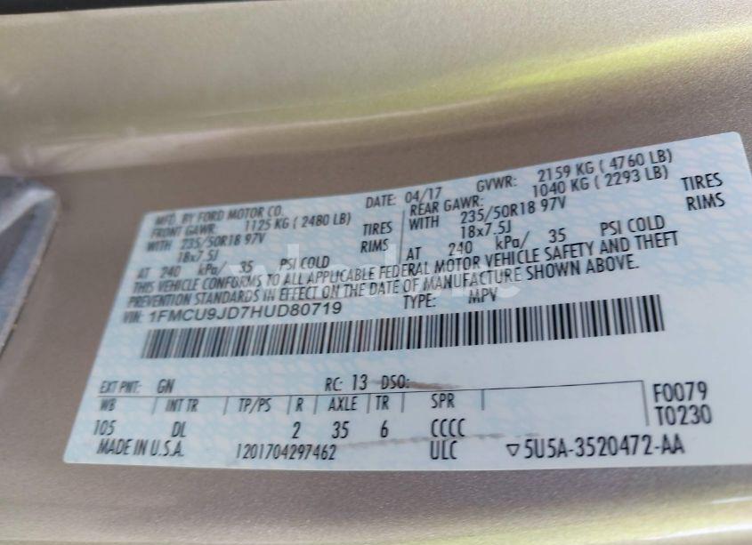 Photo 9 of 2017 Ford Escape TITANIUM (VIN 1FMCU9JD7HUD80719)