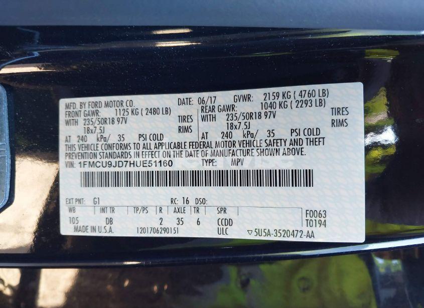 Photo 9 of 2017 Ford Escape TITANIUM (VIN 1FMCU9JD7HUE51160)