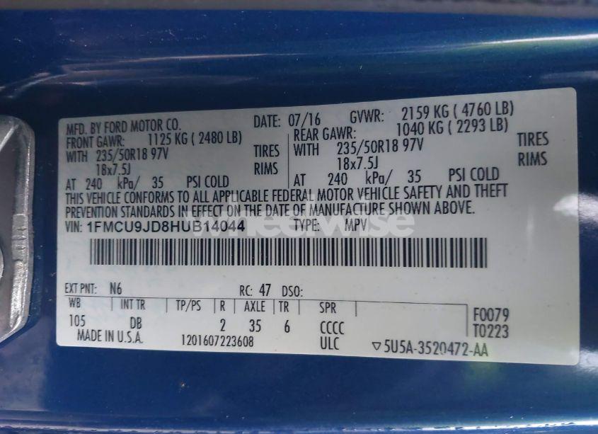 Photo 9 of 2017 Ford Escape TITANIUM (VIN 1FMCU9JD8HUB14044)