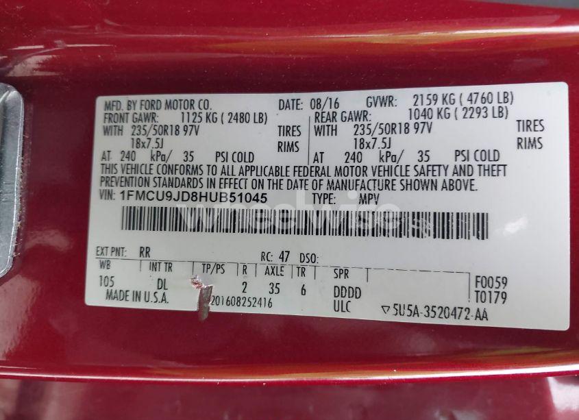 Photo 9 of 2017 Ford Escape TITANIUM (VIN 1FMCU9JD8HUB51045)