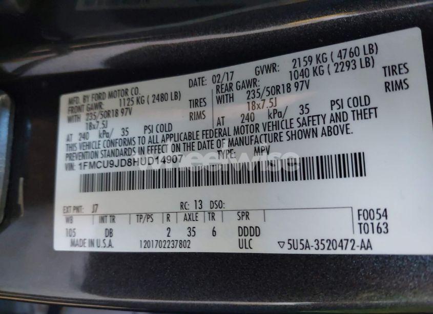 Photo 9 of 2017 Ford Escape TITANIUM (VIN 1FMCU9JD8HUD14907)