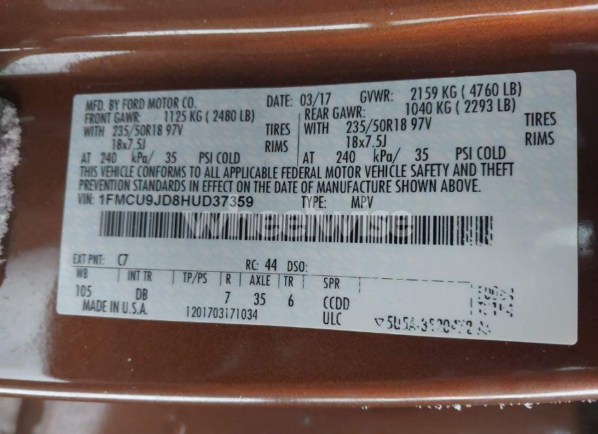 Photo 9 of 2017 Ford Escape TITANIUM (VIN 1FMCU9JD8HUD37359)