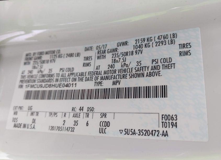 Photo 9 of 2017 Ford Escape TITANIUM (VIN 1FMCU9JD8HUE04011)