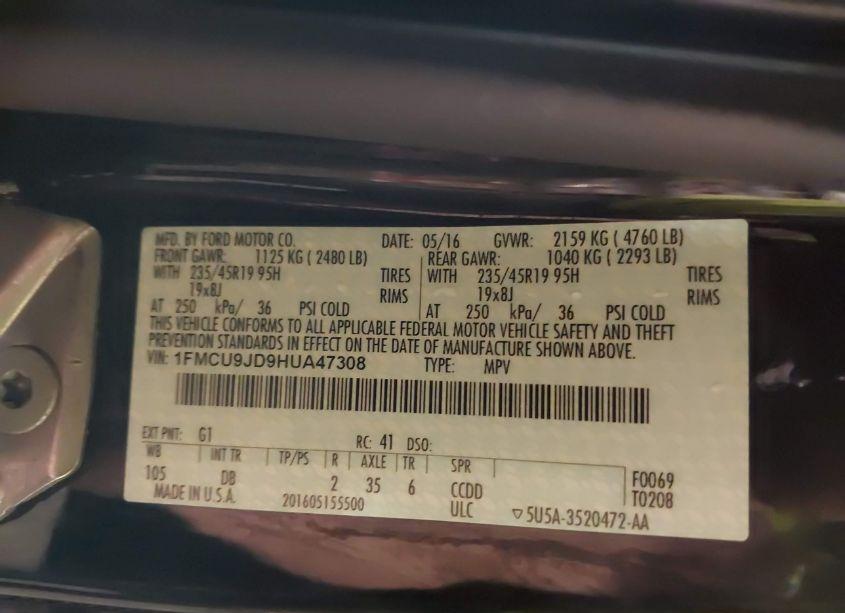 Photo 9 of 2017 Ford Escape TITANIUM (VIN 1FMCU9JD9HUA47308)