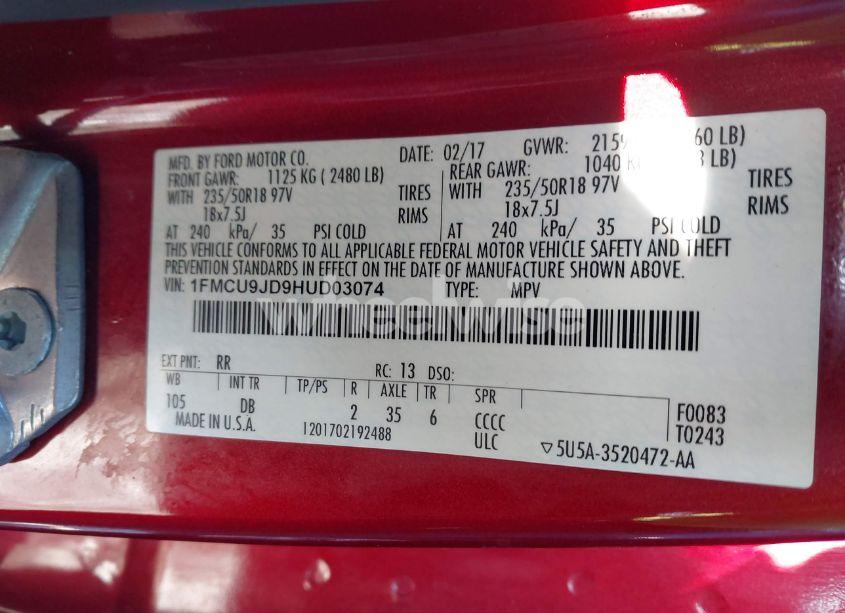 Photo 9 of 2017 Ford Escape TITANIUM (VIN 1FMCU9JD9HUD03074)