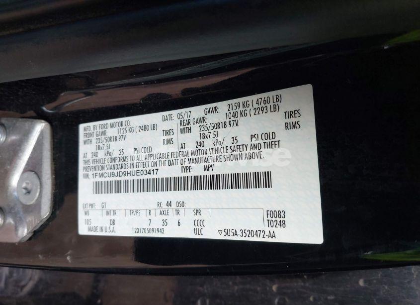 Photo 9 of 2017 Ford Escape TITANIUM (VIN 1FMCU9JD9HUE03417)