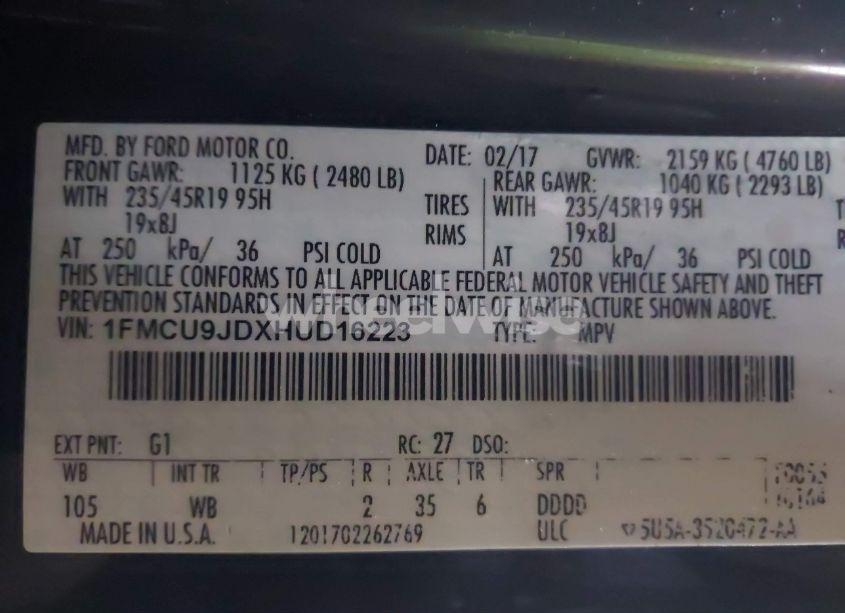 Photo 9 of 2017 Ford Escape TITANIUM (VIN 1FMCU9JDXHUD16223)