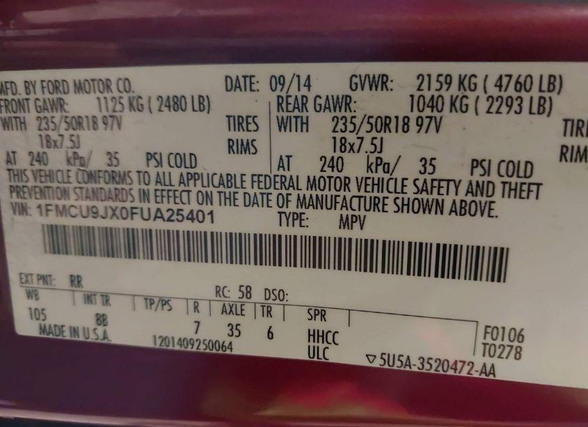 Photo 9 of 2015 Ford Escape TITANIUM (VIN 1FMCU9JX0FUA25401)