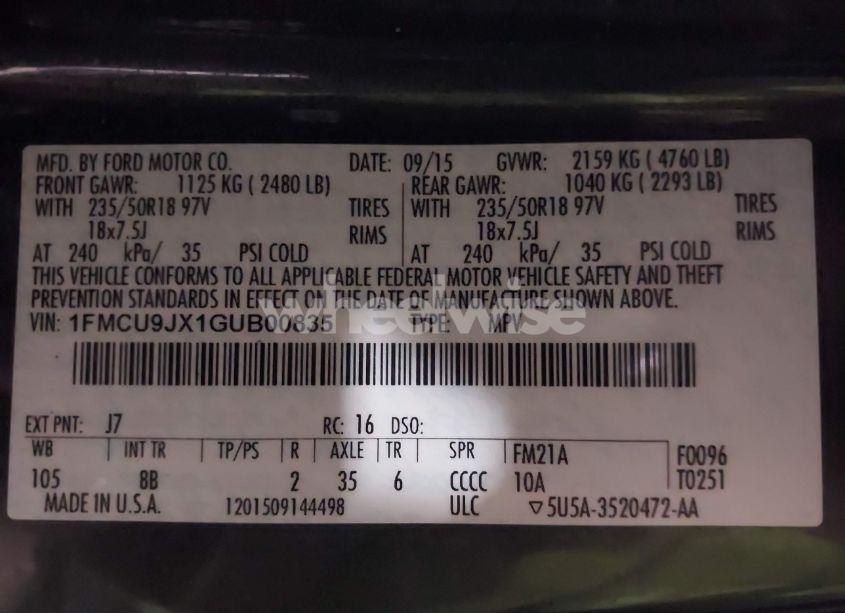 Photo 9 of 2016 Ford Escape TITANIUM (VIN 1FMCU9JX1GUB00835)