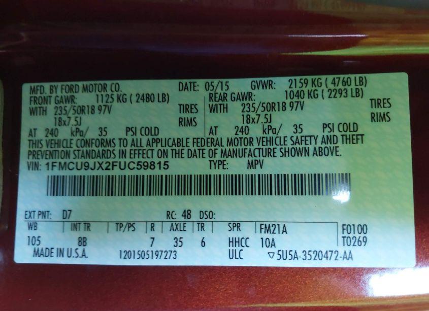 Photo 9 of 2015 Ford Escape TITANIUM (VIN 1FMCU9JX2FUC59815)