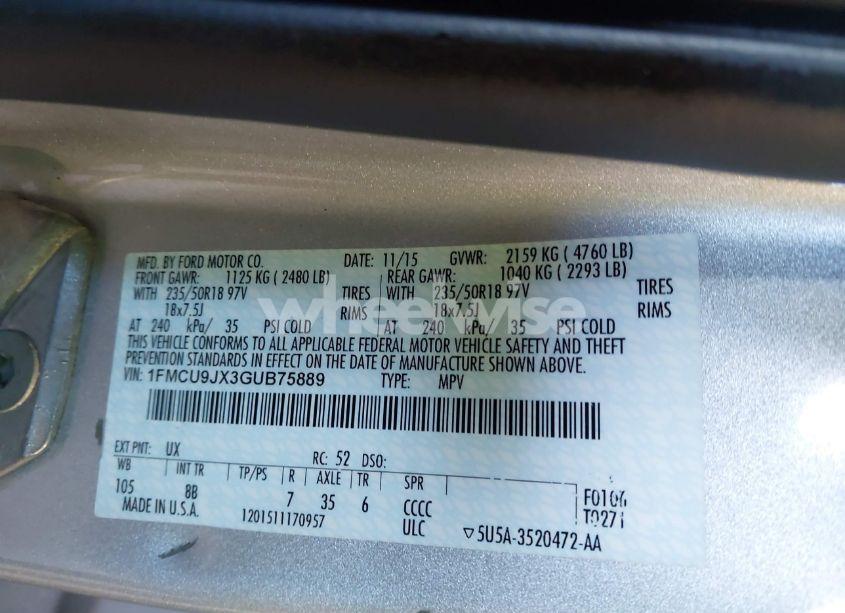 Photo 9 of 2016 Ford Escape TITANIUM (VIN 1FMCU9JX3GUB75889)