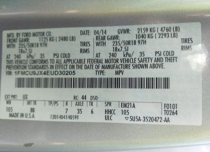 Photo 9 of 2014 Ford Escape TITANIUM (VIN 1FMCU9JX4EUD30205)