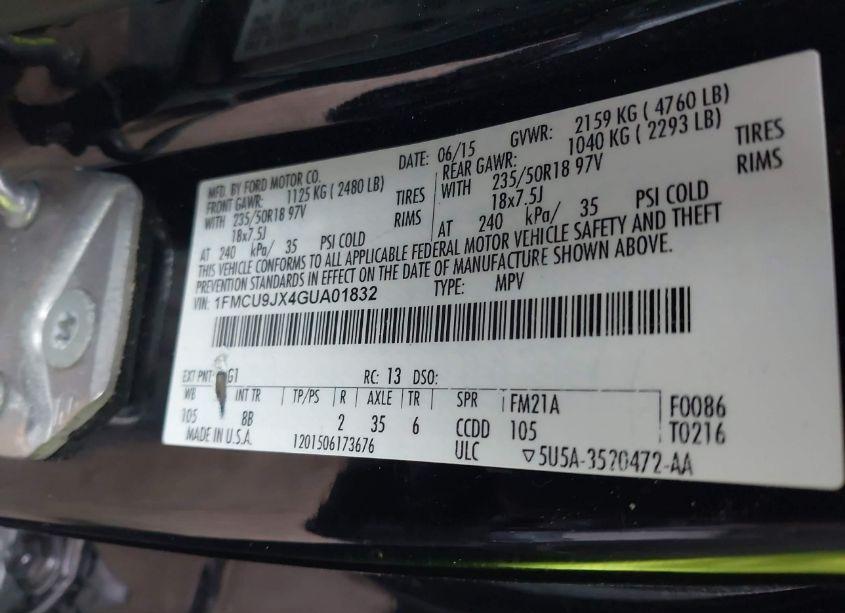 Photo 9 of 2016 Ford Escape TITANIUM (VIN 1FMCU9JX4GUA01832)