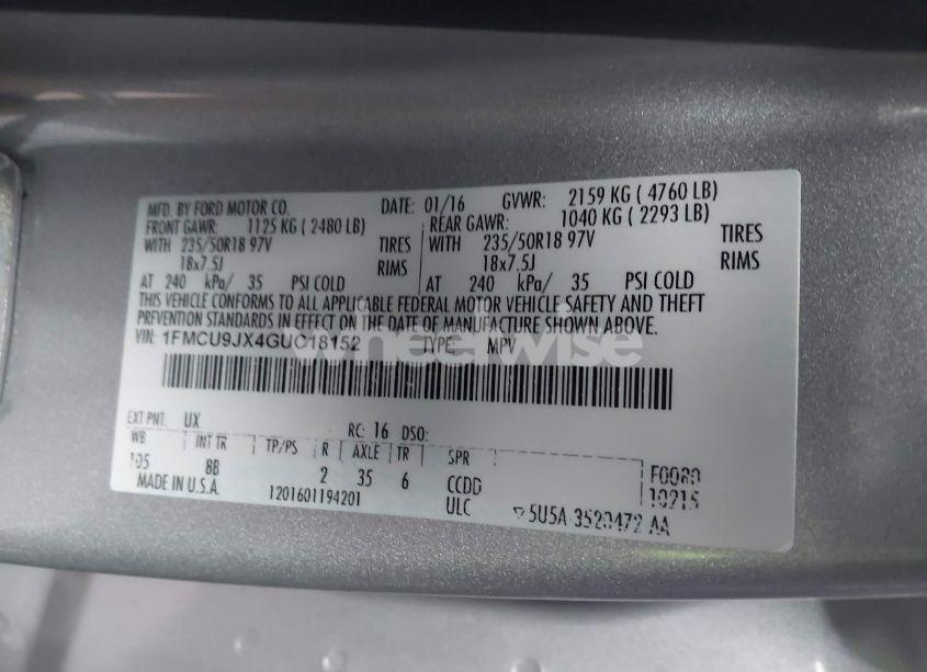 Photo 9 of 2016 Ford Escape TITANIUM (VIN 1FMCU9JX4GUC18152)