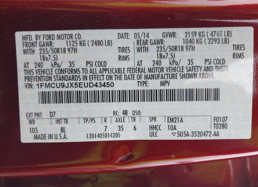 Photo 9 of 2014 Ford Escape TITANIUM (VIN 1FMCU9JX5EUD43450)