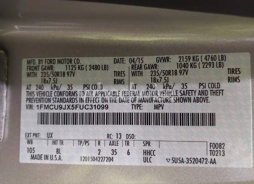 Photo 9 of 2015 Ford Escape TITANIUM (VIN 1FMCU9JX5FUC31099)