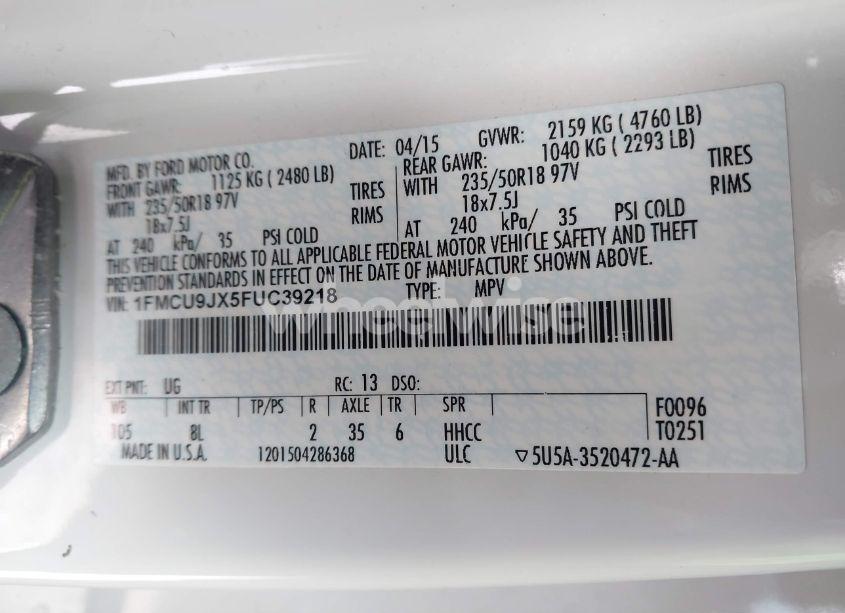 Photo 9 of 2015 Ford Escape TITANIUM (VIN 1FMCU9JX5FUC39218)