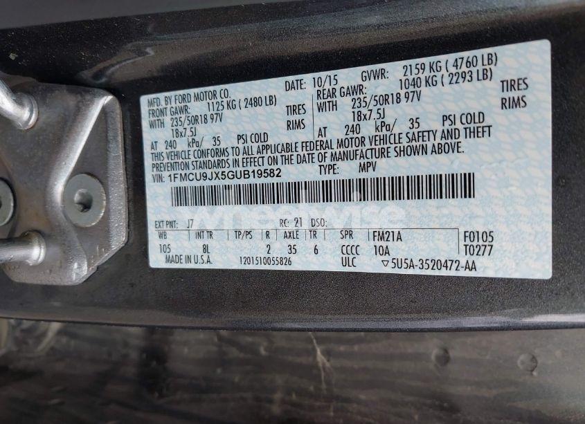 Photo 9 of 2016 Ford Escape TITANIUM (VIN 1FMCU9JX5GUB19582)