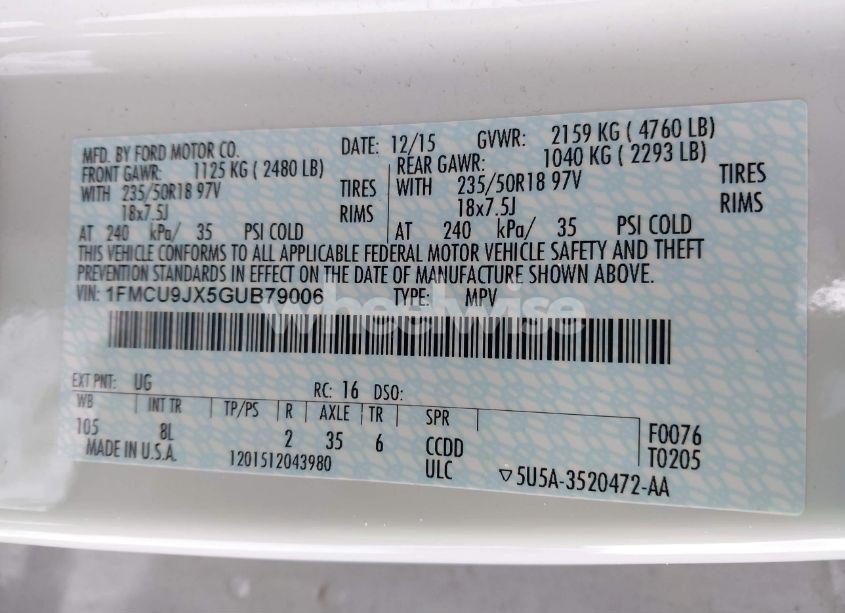 Photo 9 of 2016 Ford Escape TITANIUM (VIN 1FMCU9JX5GUB79006)