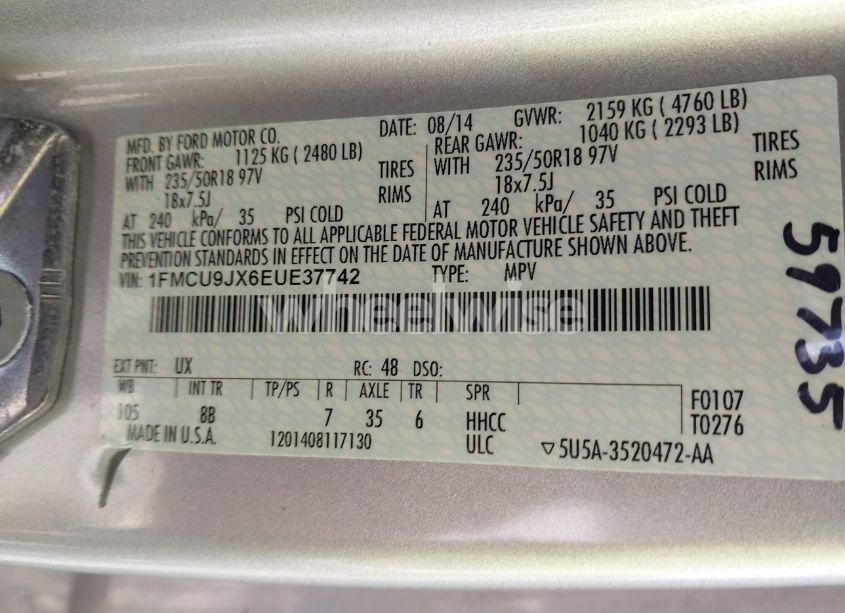 Photo 9 of 2014 Ford Escape TITANIUM (VIN 1FMCU9JX6EUE37742)