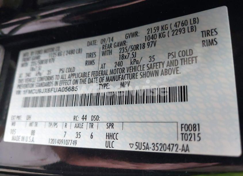 Photo 9 of 2015 Ford Escape TITANIUM (VIN 1FMCU9JX6FUA05685)