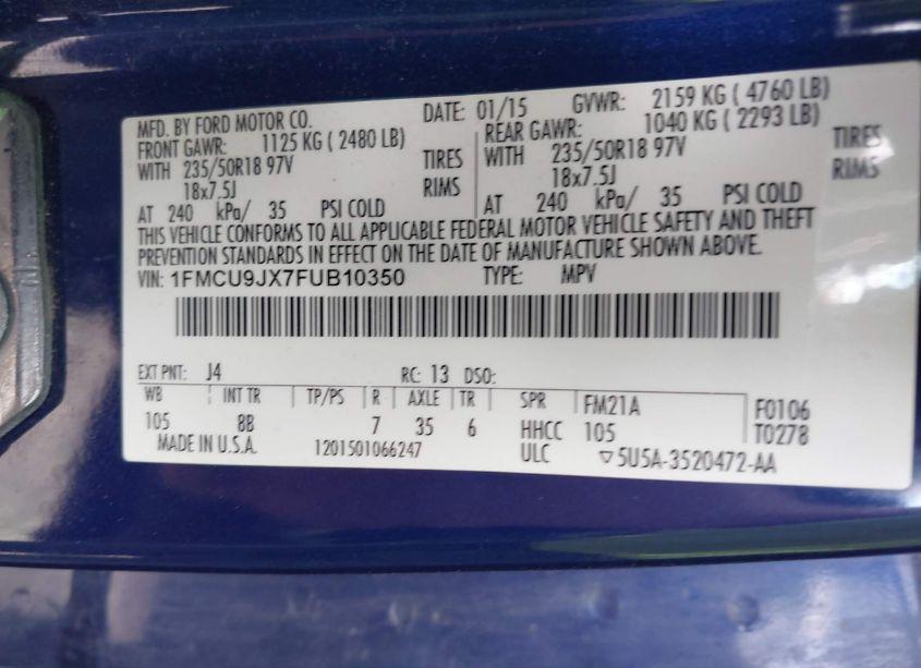 Photo 9 of 2015 Ford Escape TITANIUM (VIN 1FMCU9JX7FUB10350)