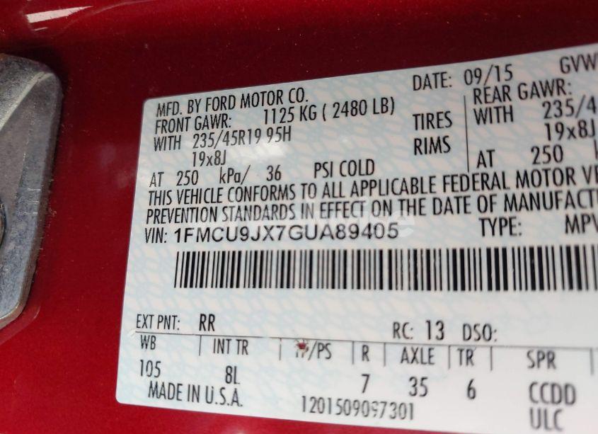 Photo 9 of 2016 Ford Escape TITANIUM (VIN 1FMCU9JX7GUA89405)