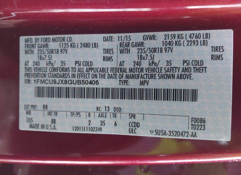 Photo 9 of 2016 Ford Escape TITANIUM (VIN 1FMCU9JX8GUB50406)