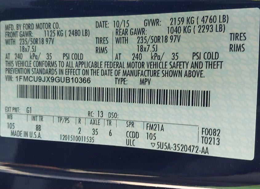 Photo 9 of 2016 Ford Escape TITANIUM (VIN 1FMCU9JX9GUB10366)