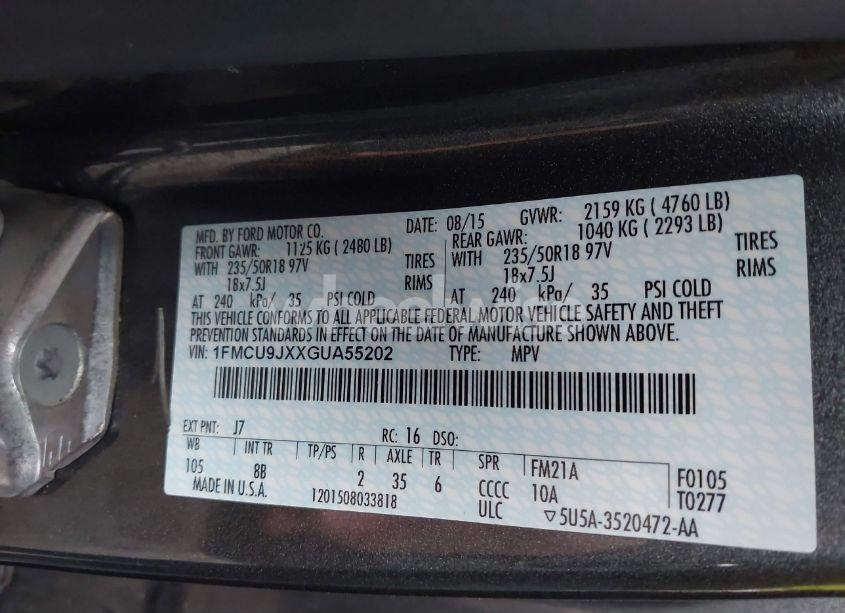 Photo 9 of 2016 Ford Escape TITANIUM (VIN 1FMCU9JXXGUA55202)