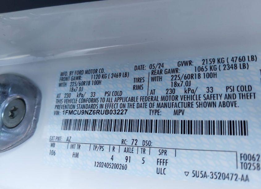 Photo 9 of 2024 Ford Escape ST-LINE SELECT (VIN 1FMCU9NZ6RUB03227)