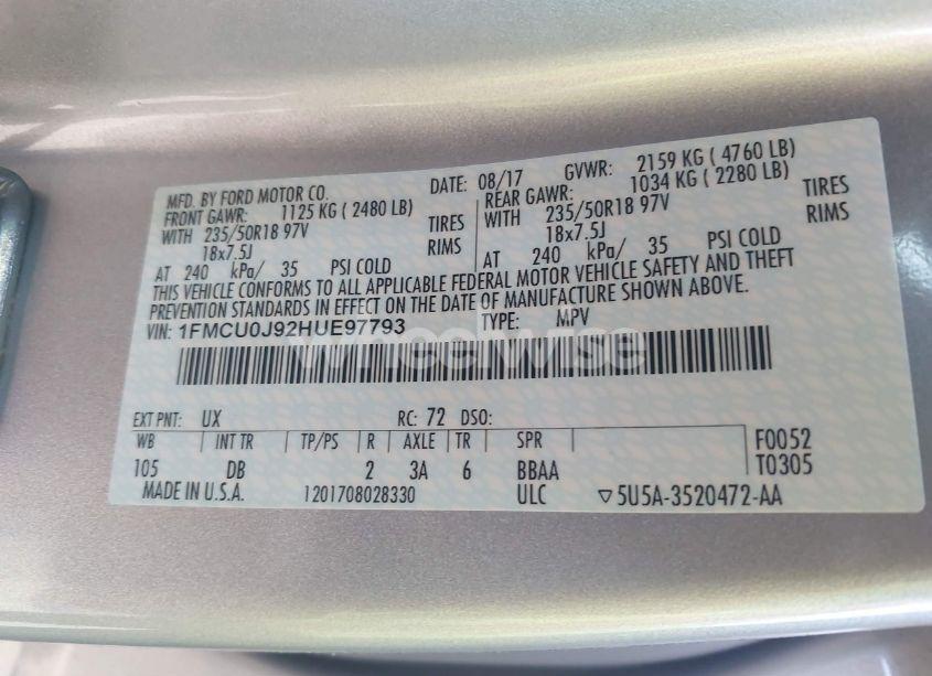 Photo 9 of 2017 Ford Escape (VIN 1FMCUOJ92HUE97793)