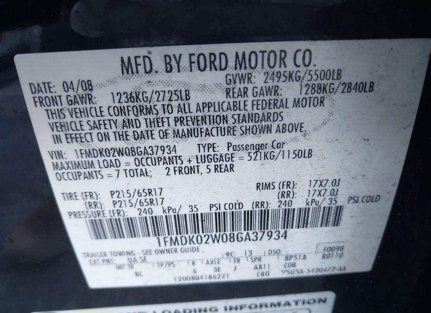 Photo 9 of 2008 Ford Taurus X SEL (VIN 1FMDK02W08GA37934)
